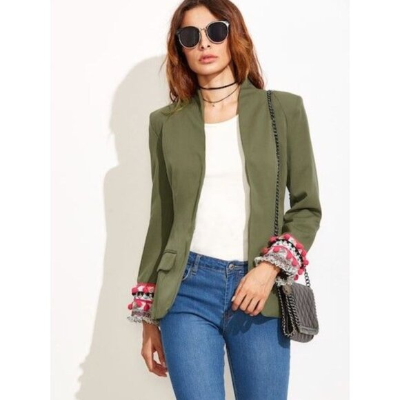 Olive Green Blazer Pom-Pom Fringe Cuffs Pockets Size M All-Season Office Jacket - Picture 2 of 10